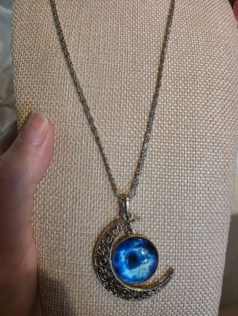 Crescent Moon Charm With Blue And Black Sky Pendant On Filgree Inspired Chain